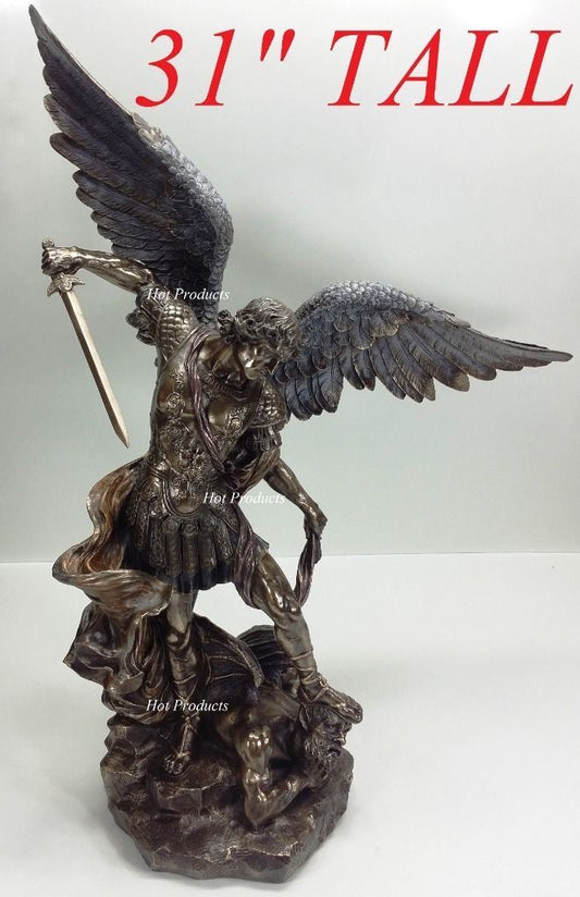 LARGE 31"  St Michael Archangel Tramples Demon Statue Sculpture Bronze Finish