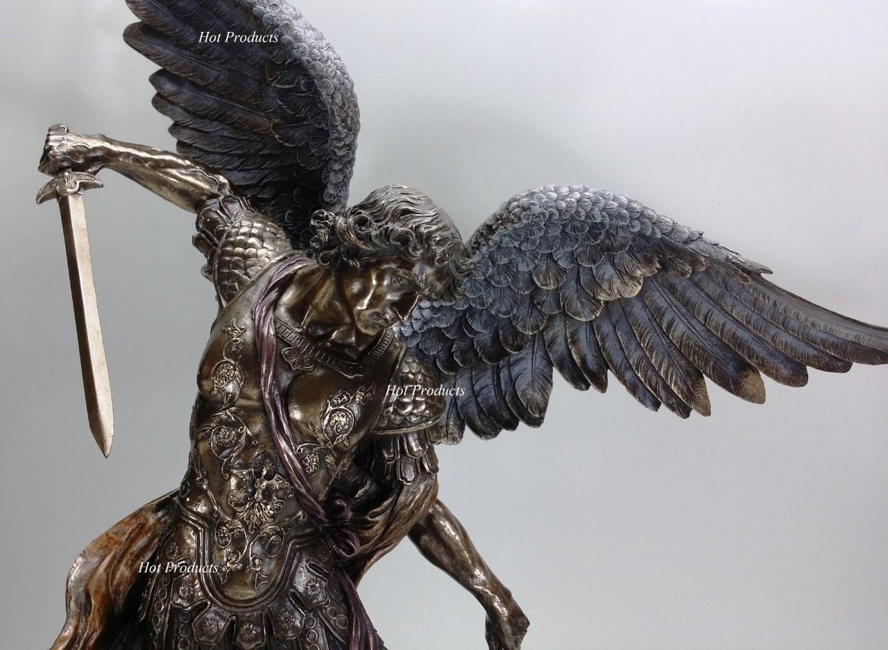 LARGE 31"  St Michael Archangel Tramples Demon Statue Sculpture Bronze Finish