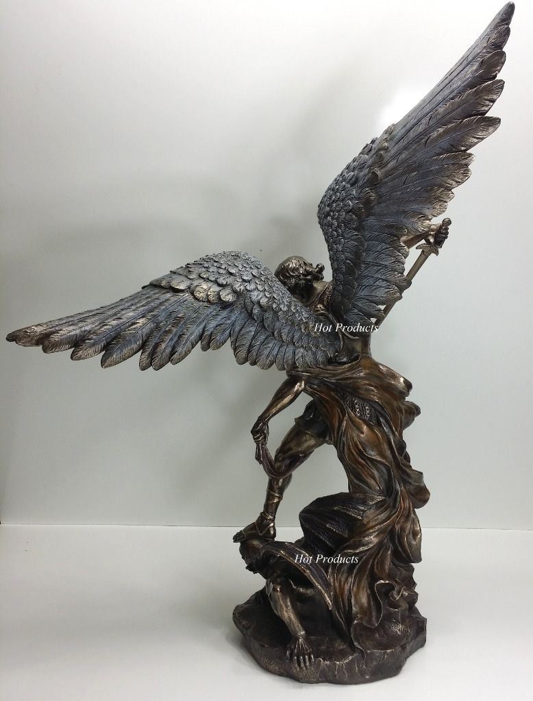 LARGE 31"  St Michael Archangel Tramples Demon Statue Sculpture Bronze Finish