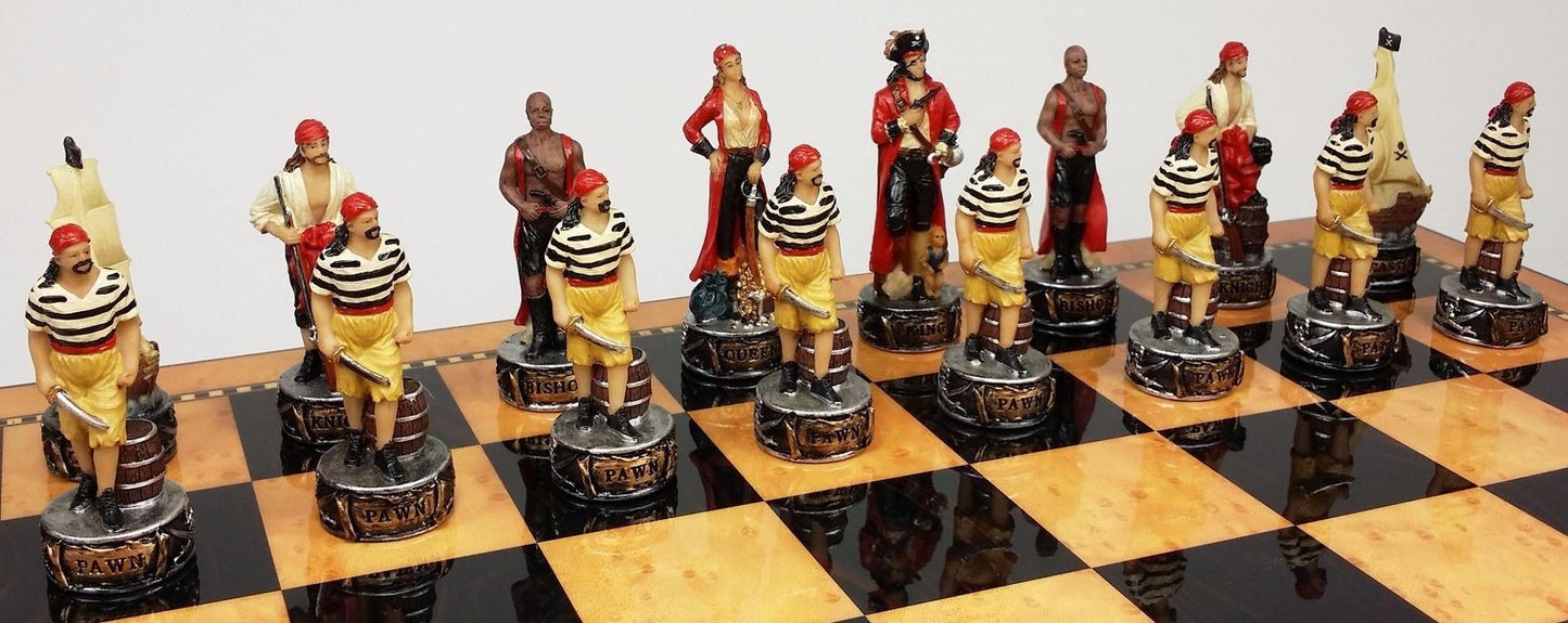 Pirates vs Royal Navy Chess Set w/ 17" Gloss Walnut & Maple Color Storage Board