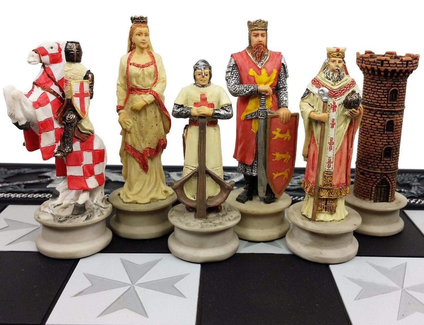 Medieval Times King Richard Painted Christian Knights Chess Set 17 Maltese Board