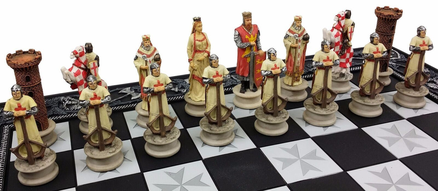 Medieval Times King Richard Painted Christian Knights Chess Set 17 Maltese Board