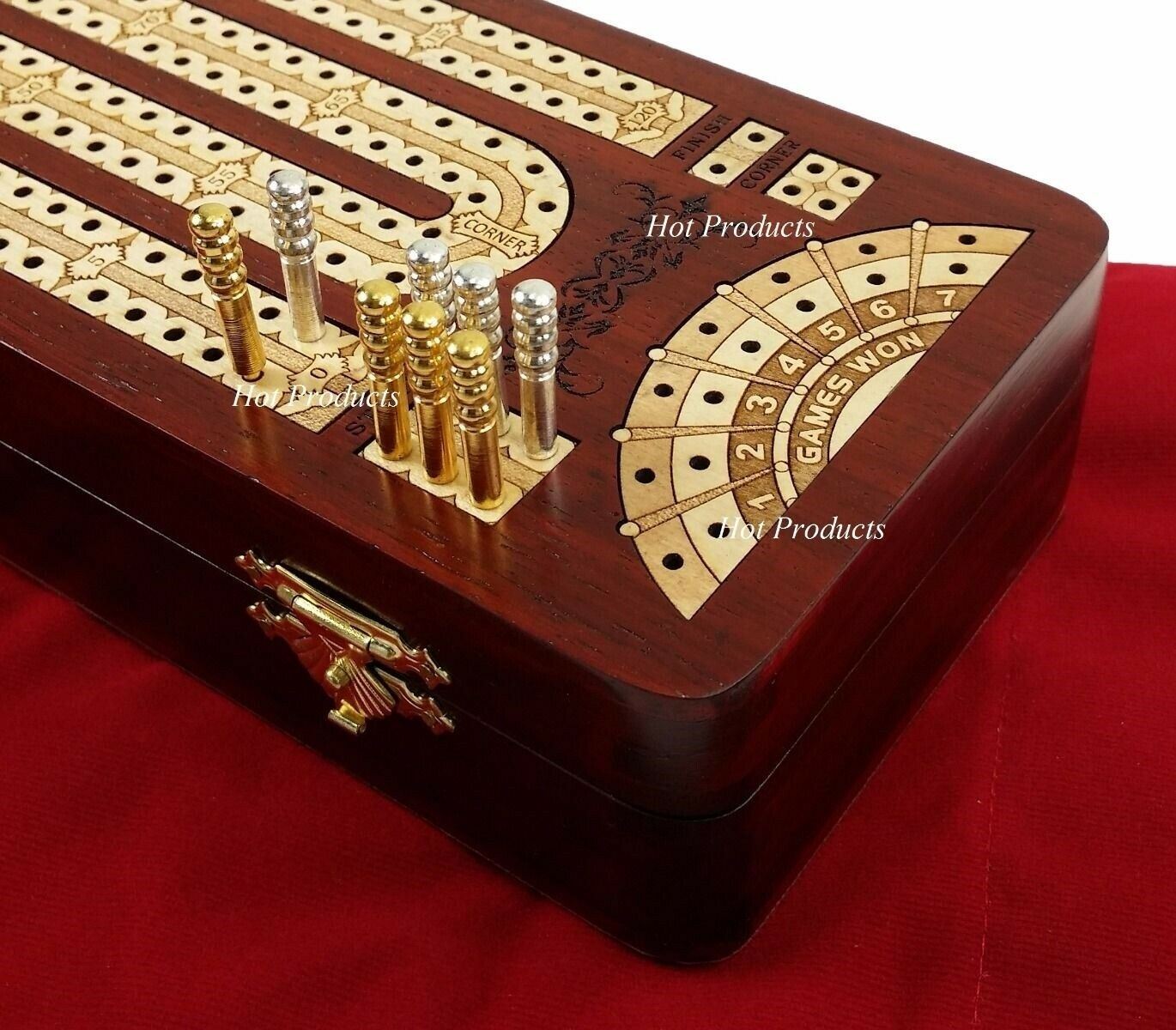 12 1/2" 2 TRACK CONTINUOUS Cribbage Board BLOODWOOD Corner Games Won Storage Box