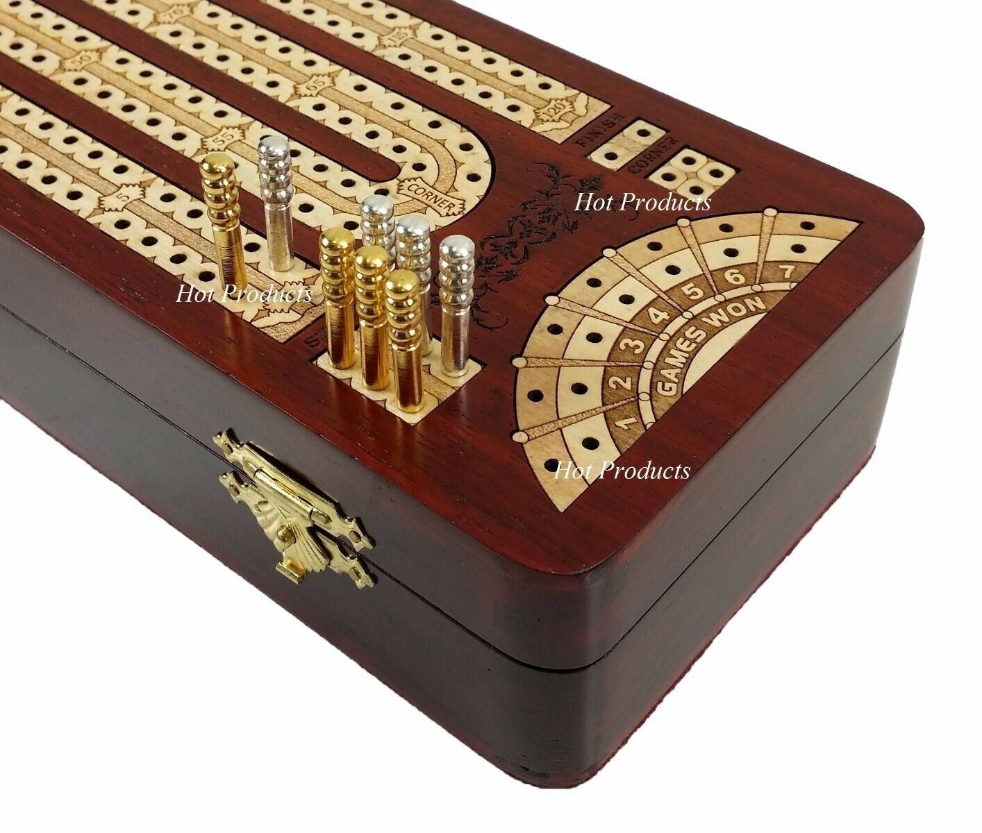 12 1/2" 2 TRACK CONTINUOUS Cribbage Board BLOODWOOD Corner Games Won Storage Box