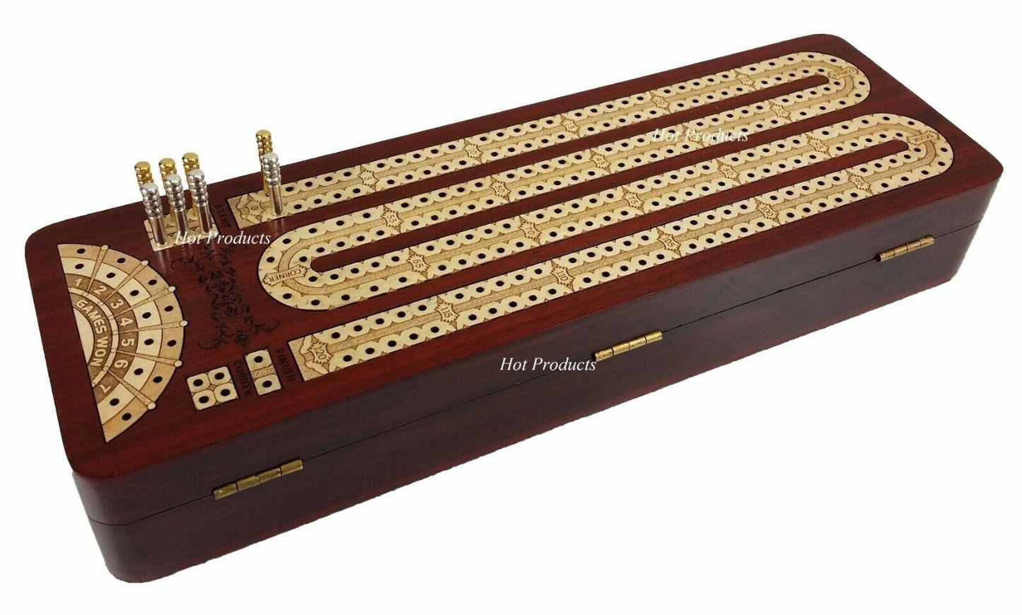 12 1/2" 2 TRACK CONTINUOUS Cribbage Board BLOODWOOD Corner Games Won Storage Box