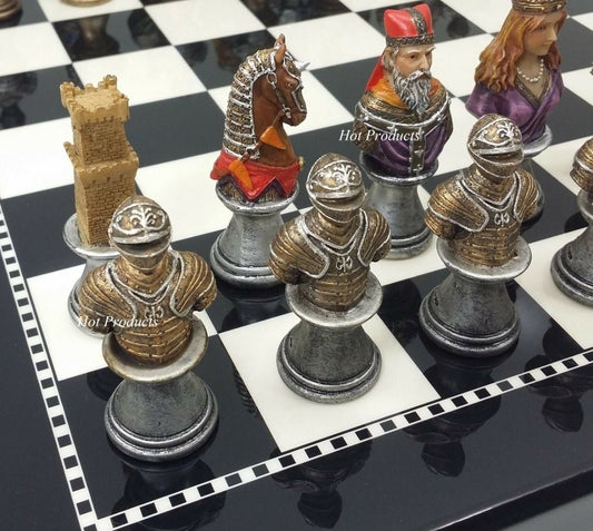 Medieval Times Crusades Busts Painted Chess Set W/ 15" Black & White Gloss Board