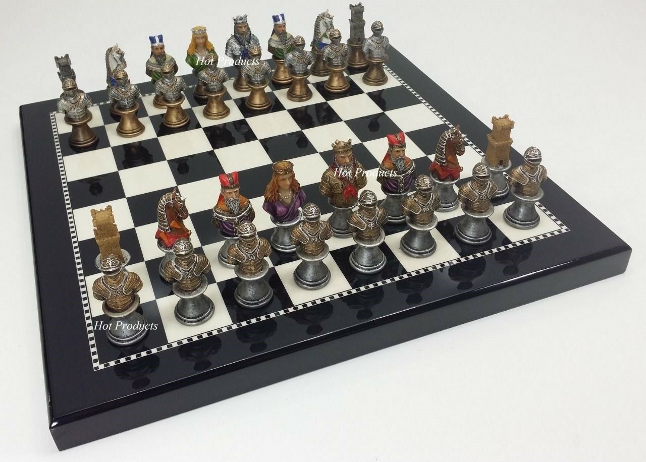 Medieval Times Crusades Busts Painted Chess Set W/ 15" Black & White Gloss Board