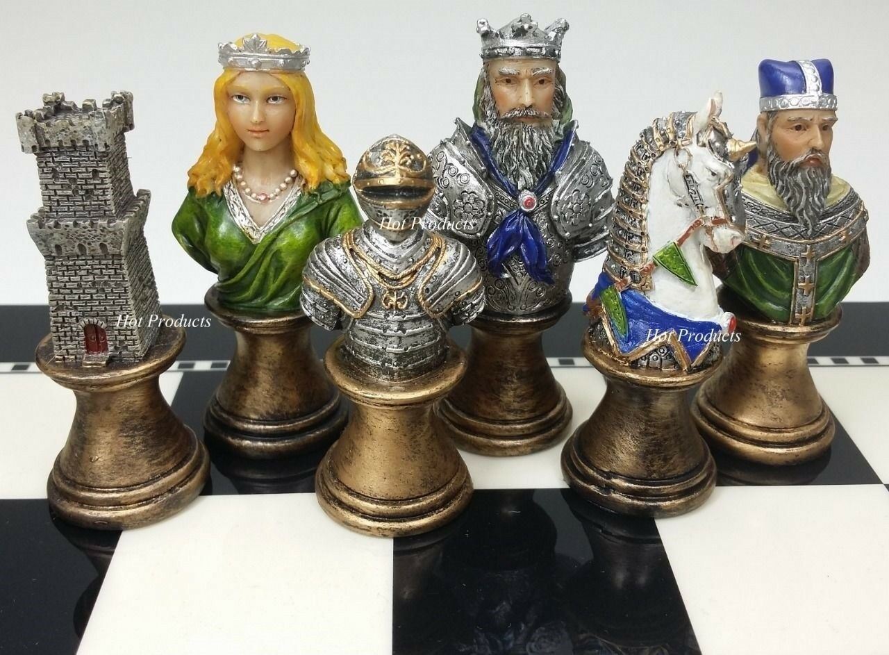 Medieval Times Crusades Busts Painted Chess Set W/ 15" Black & White Gloss Board