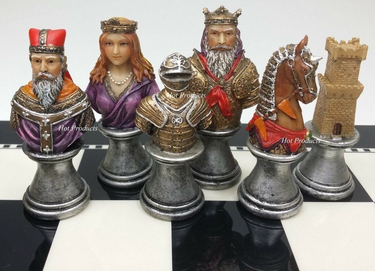 Medieval Times Crusades Busts Painted Chess Set W/ 15" Black & White Gloss Board