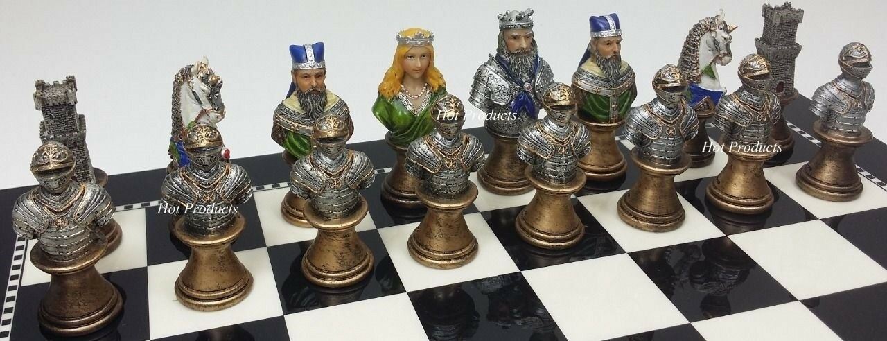 Medieval Times Crusades Busts Painted Chess Set W/ 15" Black & White Gloss Board