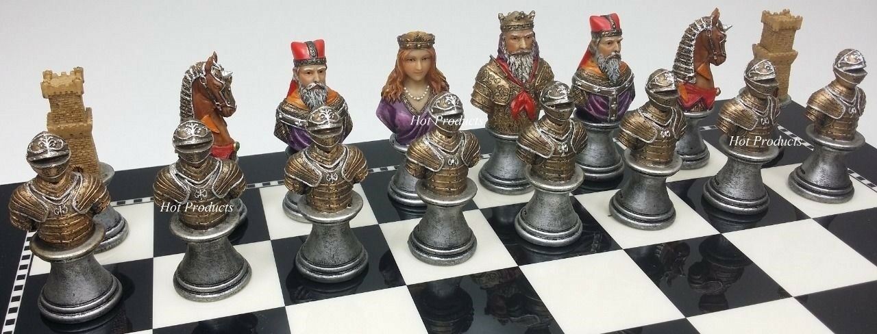 Medieval Times Crusades Busts Painted Chess Set W/ 15" Black & White Gloss Board