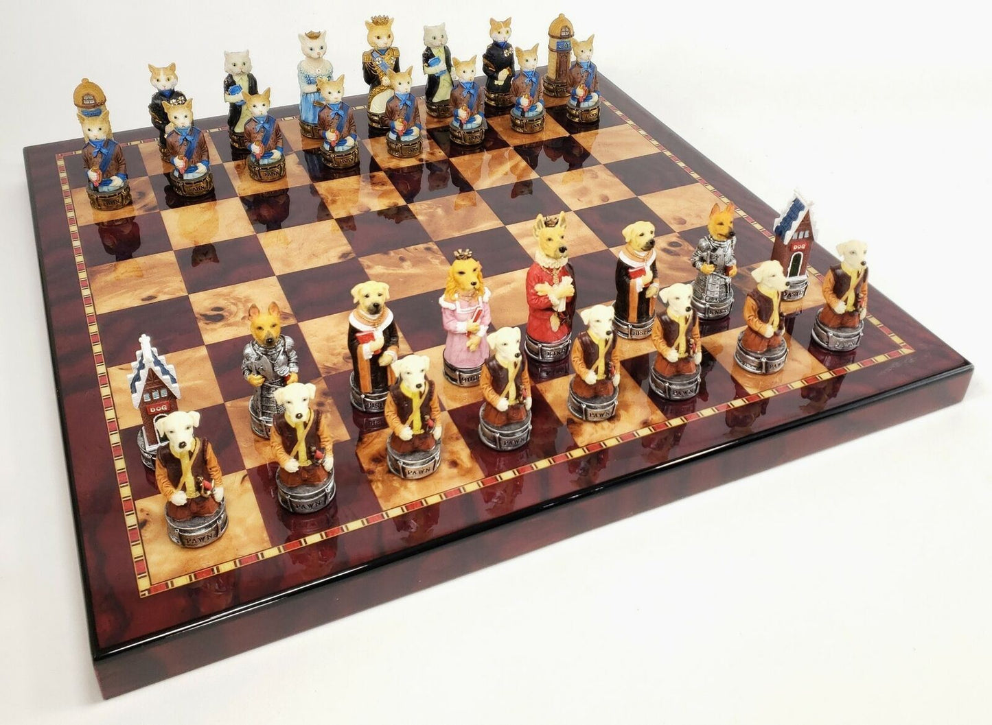 Royal Cats Vs Dogs Chess Animal Chess Set W 18" Cherry Color Board