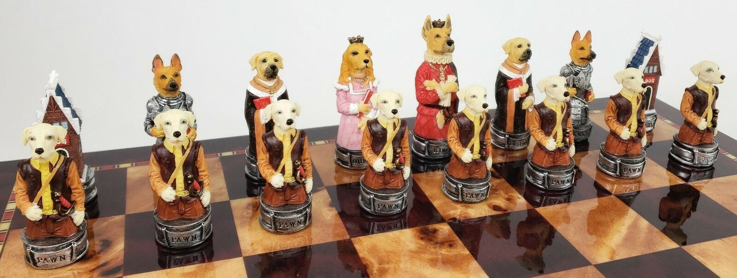 Royal Cats Vs Dogs Chess Animal Chess Set W 18" Cherry Color Board