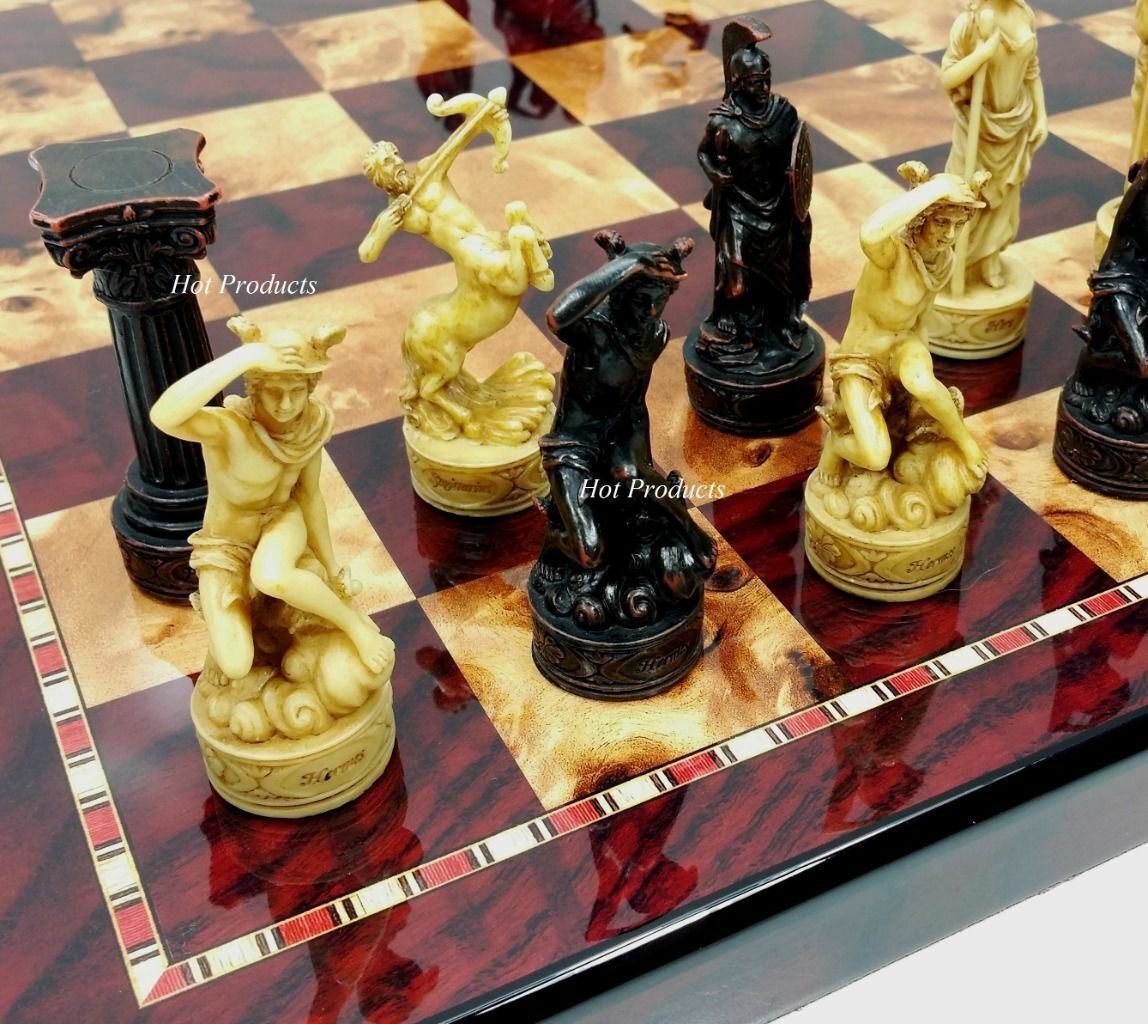 Greek Mythology Roman Gods Chess Pieces Set W/ 18" Cherry Color Board