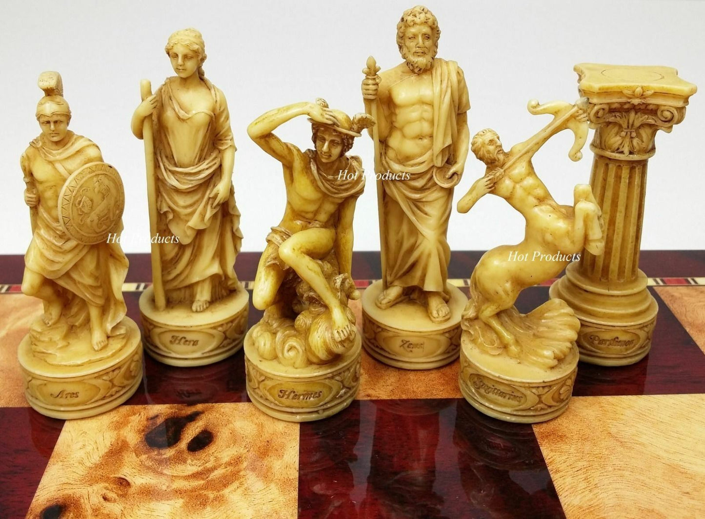 Greek Mythology Roman Gods Chess Pieces Set W/ 18" Cherry Color Board