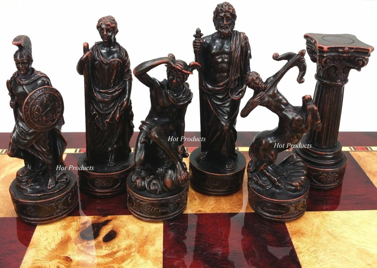 Greek Mythology Roman Gods Chess Pieces Set W/ 18" Cherry Color Board