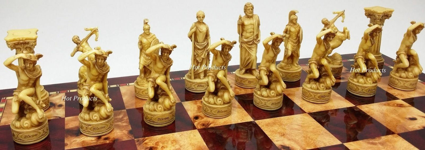 Greek Mythology Roman Gods Chess Pieces Set W/ 18" Cherry Color Board