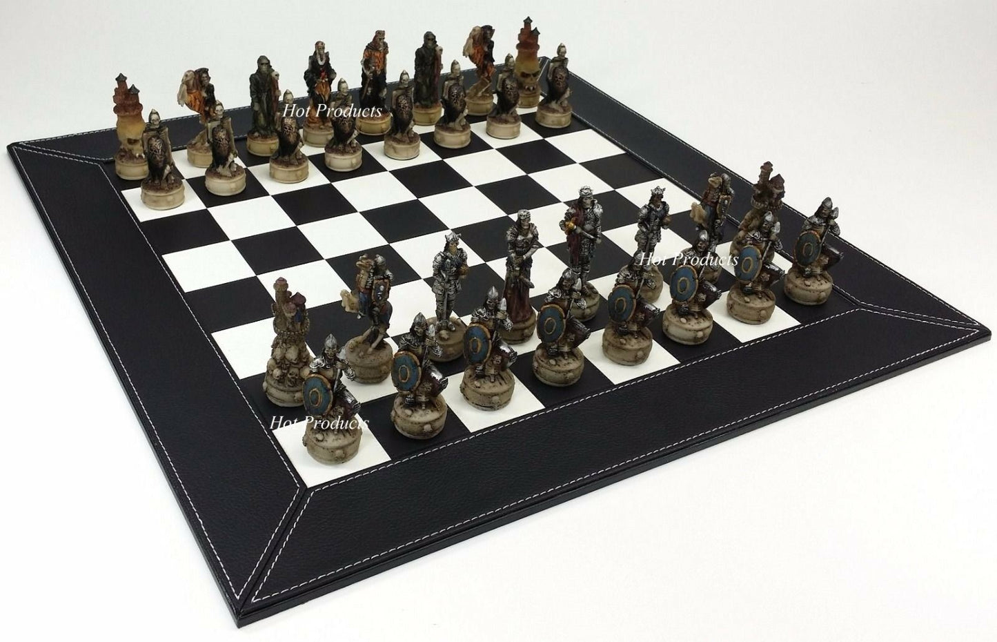 Skeleton Slayer Gothic Fantasy Skull Chess Set W/ Black Faux Leather Board