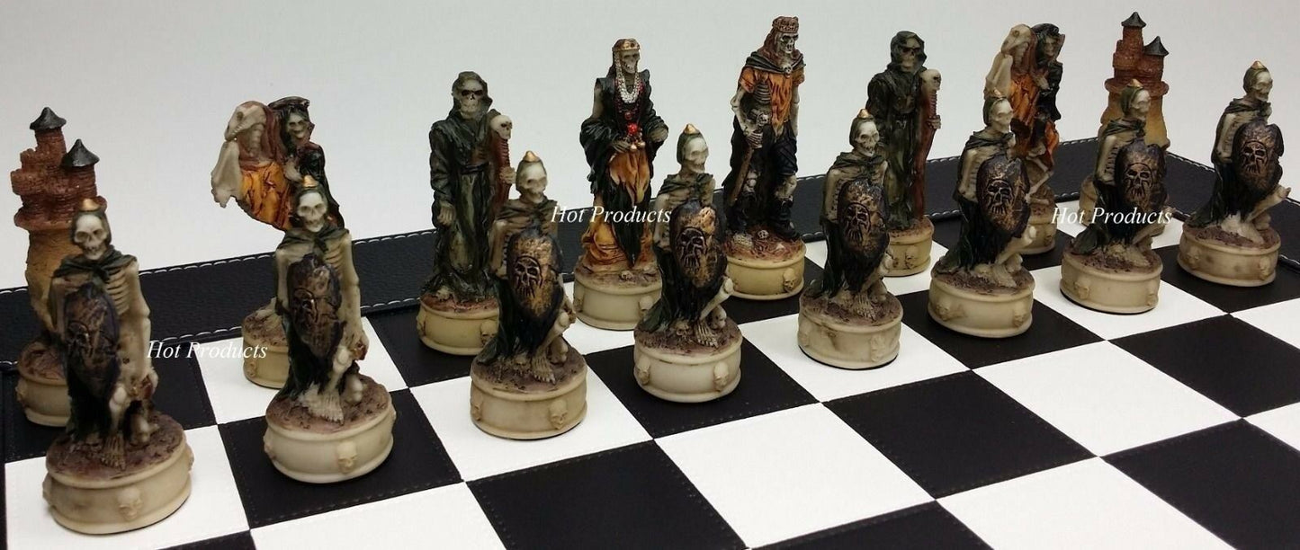 Skeleton Slayer Gothic Fantasy Skull Chess Set W/ Black Faux Leather Board