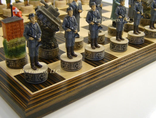 World War 2 US vs GERMANY Chess Set W/ Ebony Black & Maple 14" Wood Board