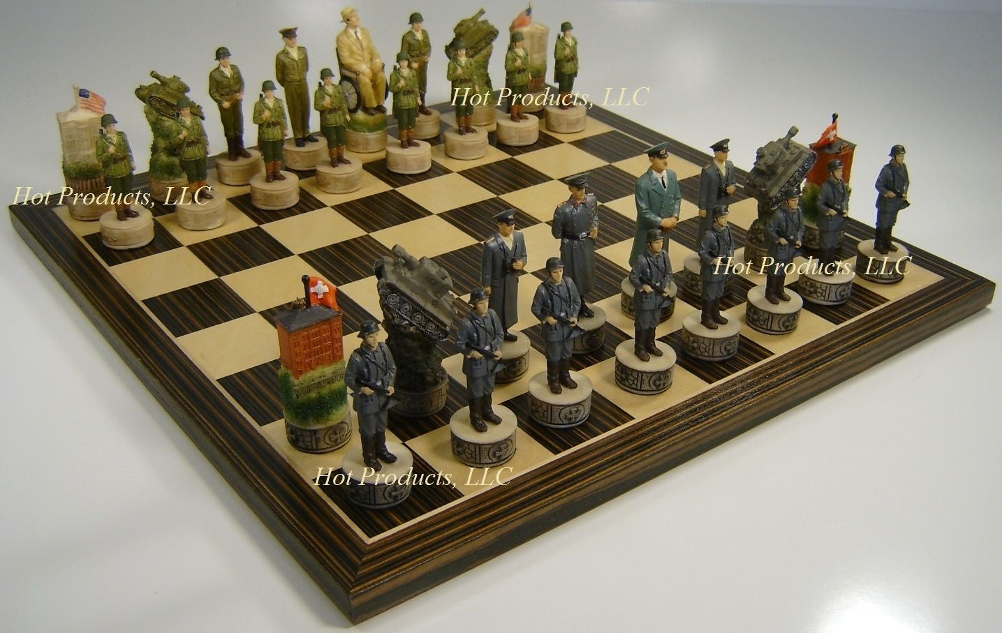 World War 2 US vs GERMANY Chess Set W/ Ebony Black & Maple 14" Wood Board