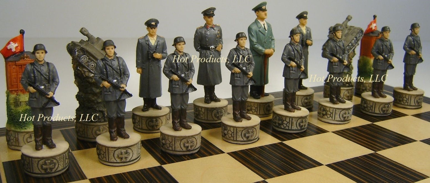 World War 2 US vs GERMANY Chess Set W/ Ebony Black & Maple 14" Wood Board