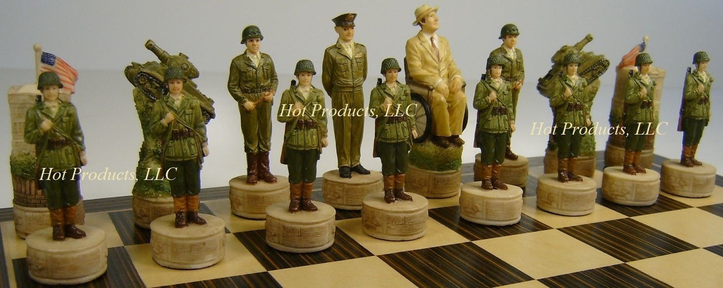 World War 2 US vs GERMANY Chess Set W/ Ebony Black & Maple 14" Wood Board