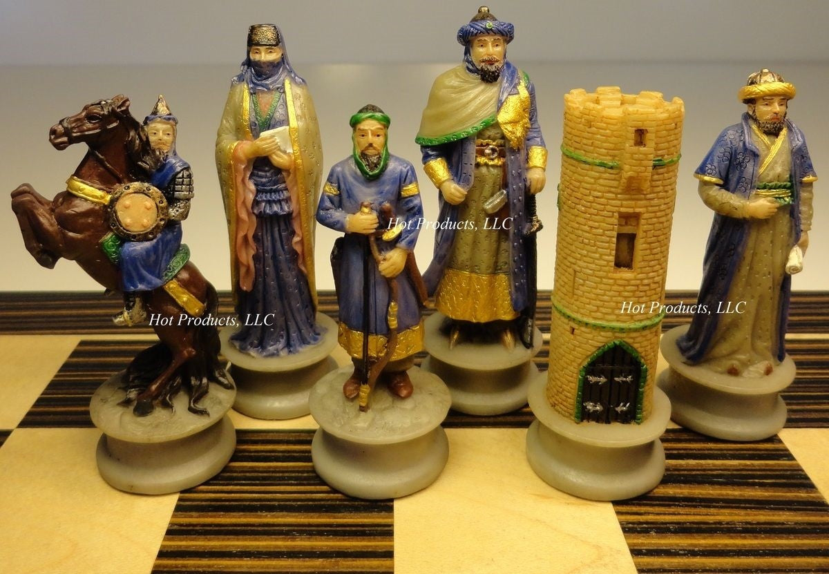 Medieval Times Crusades Arabian vs Christian Chess set 14" Ebony & Maple Board