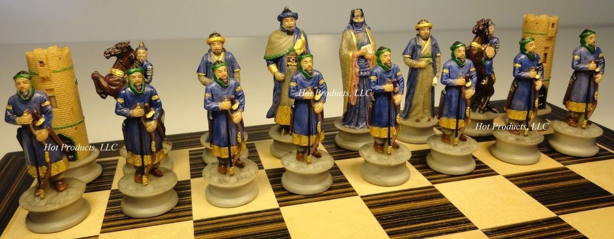 Medieval Times Crusades Arabian vs Christian Chess set 14" Ebony & Maple Board