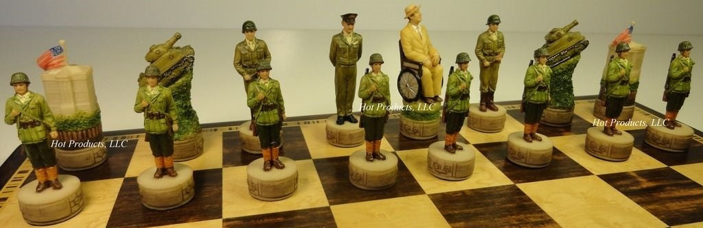 WW2 US vs Germany Chess Set W/ 17" Ebony & Birdseye Maple Wood Board World War 2