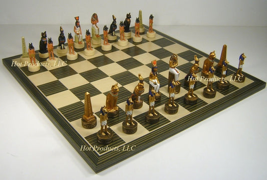 Egyptian Anubis Gold & Buff Chess Set W/ 17" Ebony & Maple Wood Board Egypt