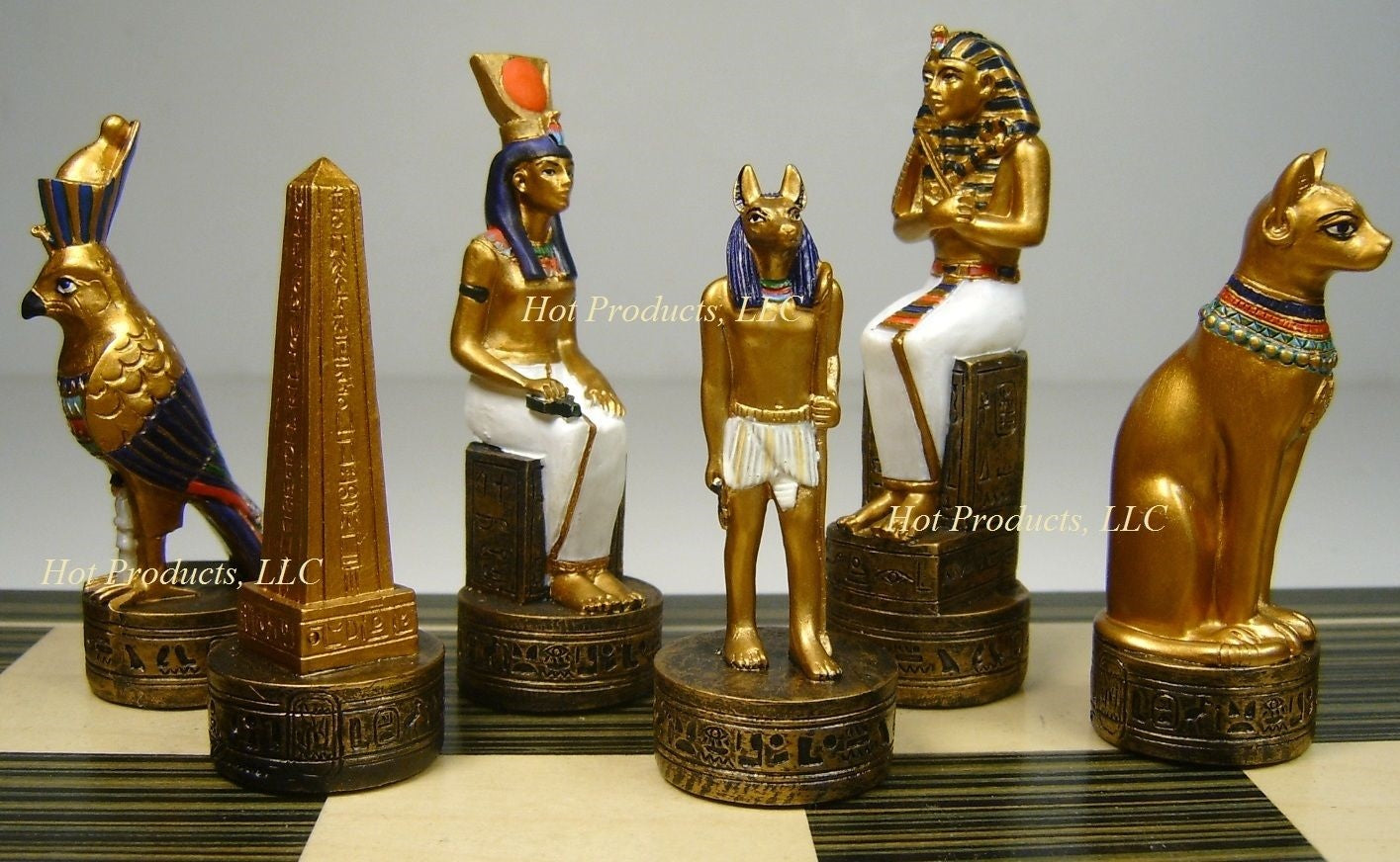 Egyptian Anubis Gold & Buff Chess Set W/ 17" Ebony & Maple Wood Board Egypt