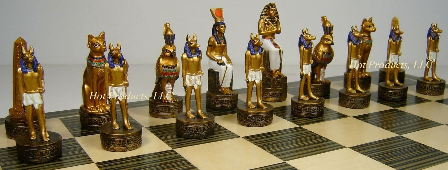 Egyptian Anubis Gold & Buff Chess Set W/ 17" Ebony & Maple Wood Board Egypt