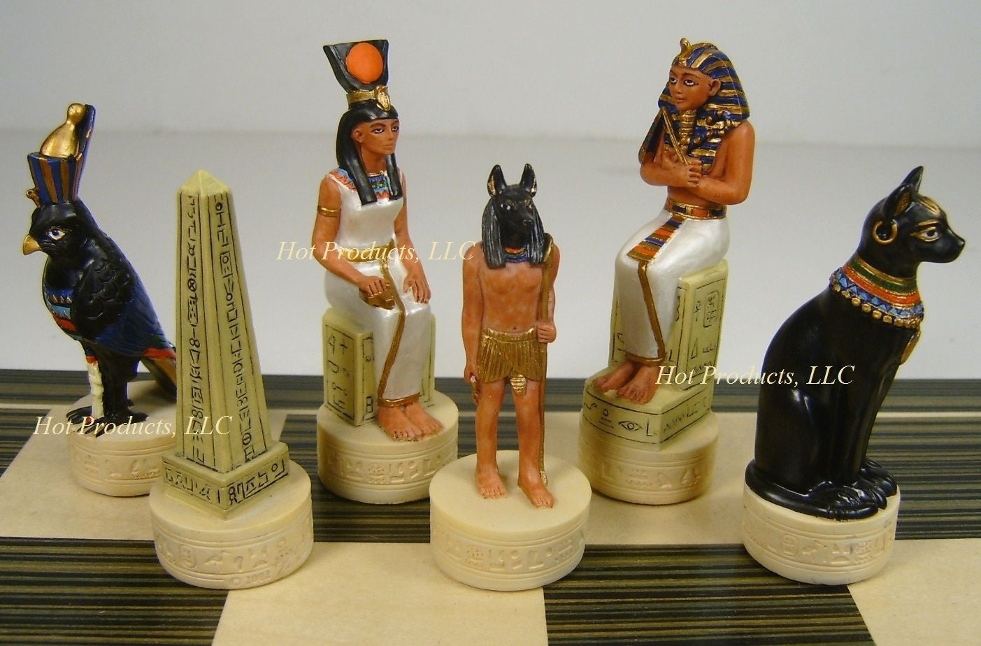 Egyptian Anubis Gold & Buff Chess Set W/ 17" Ebony & Maple Wood Board Egypt