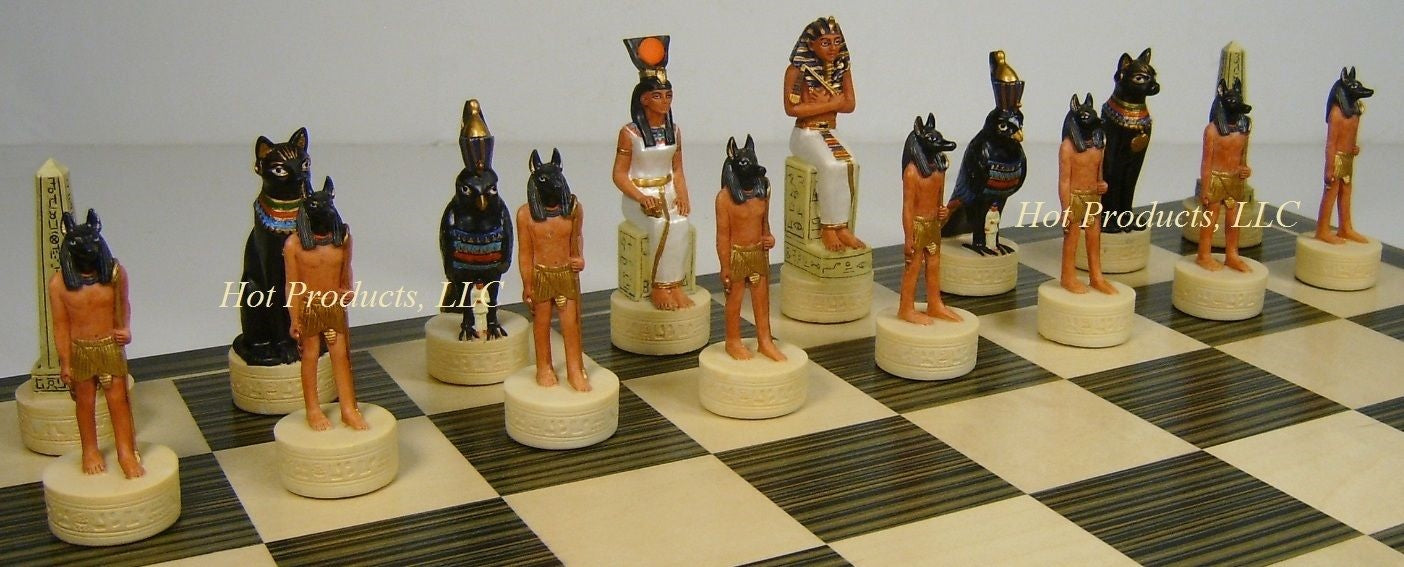 Egyptian Anubis Gold & Buff Chess Set W/ 17" Ebony & Maple Wood Board Egypt