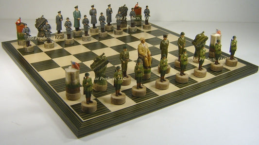 WW2 US vs GERMANY Chess Set W/ 17 1/4 inch EBONY & MAPLE WOOD BOARD