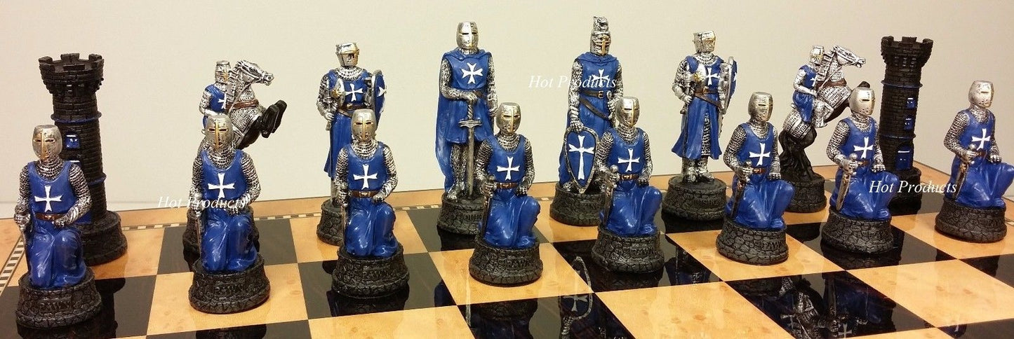 Medieval Times Crusades Blue & White Maltese Knight Chess Pieces Set -NO Board