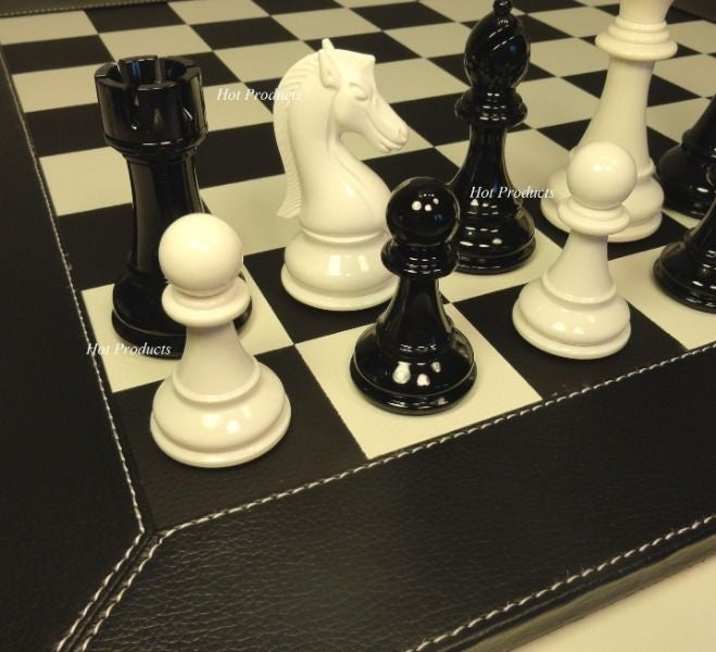 Staunton Black & White Pro Plastic 4 1/4 King Chess Set W 21" Faux Leather Board