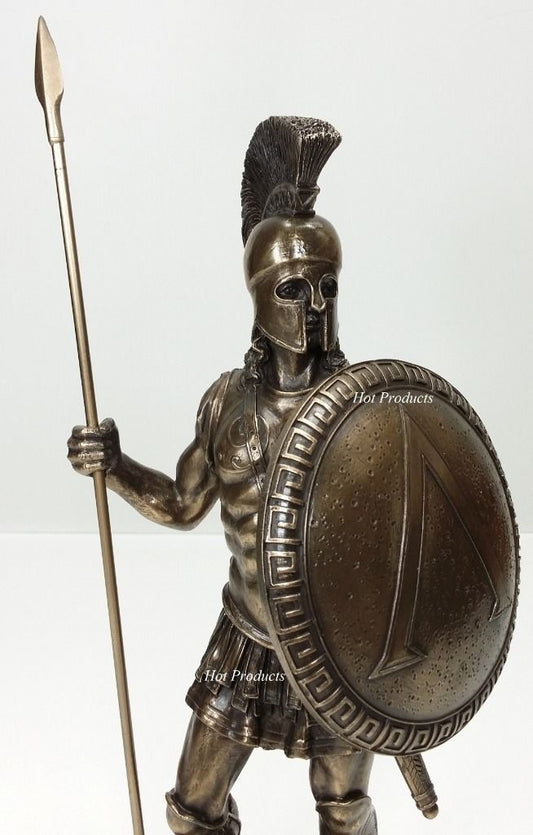 14" Spartan Greek Warrior Statue W Hoplite Shield & Spear Bronze Color