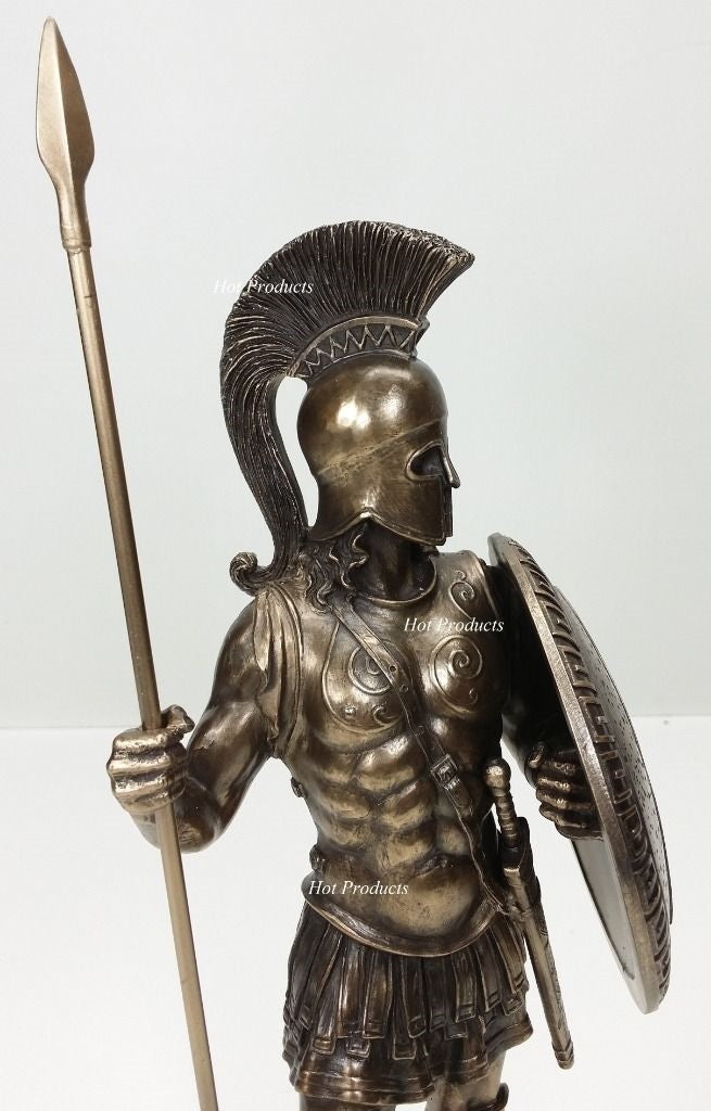 14" Spartan Greek Warrior Statue W Hoplite Shield & Spear Bronze Color