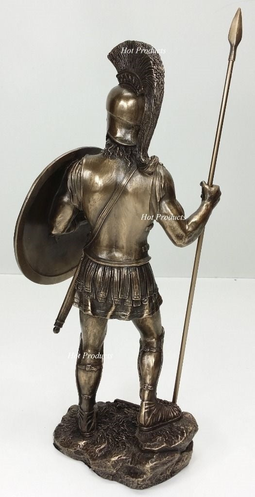 14" Spartan Greek Warrior Statue W Hoplite Shield & Spear Bronze Color