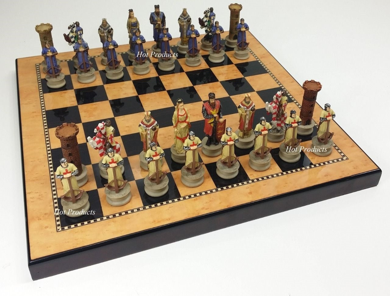 Medieval Times Crusades King Richard Knights Chess Set Gloss Walnut Color Board