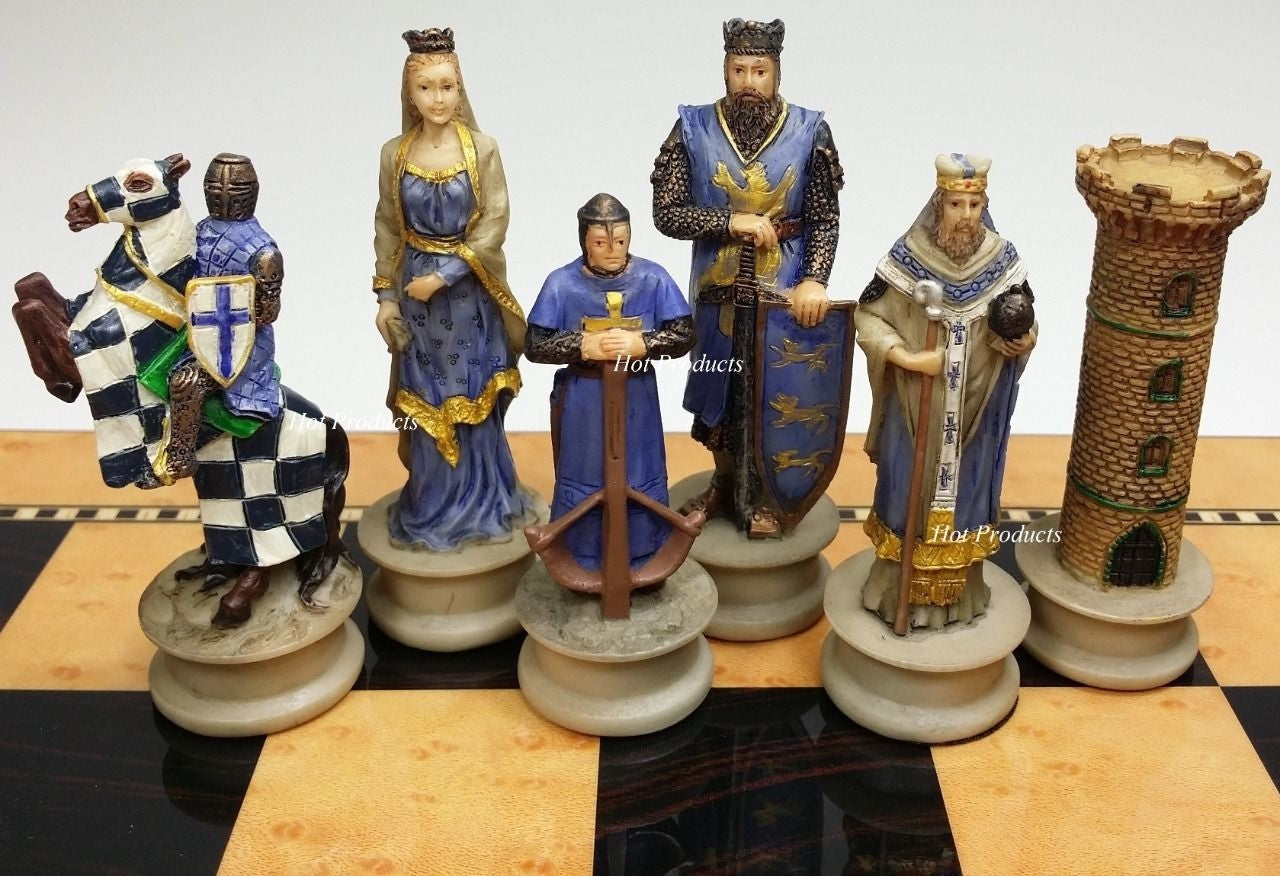 Medieval Times Crusades King Richard Knights Chess Set Gloss Walnut Color Board