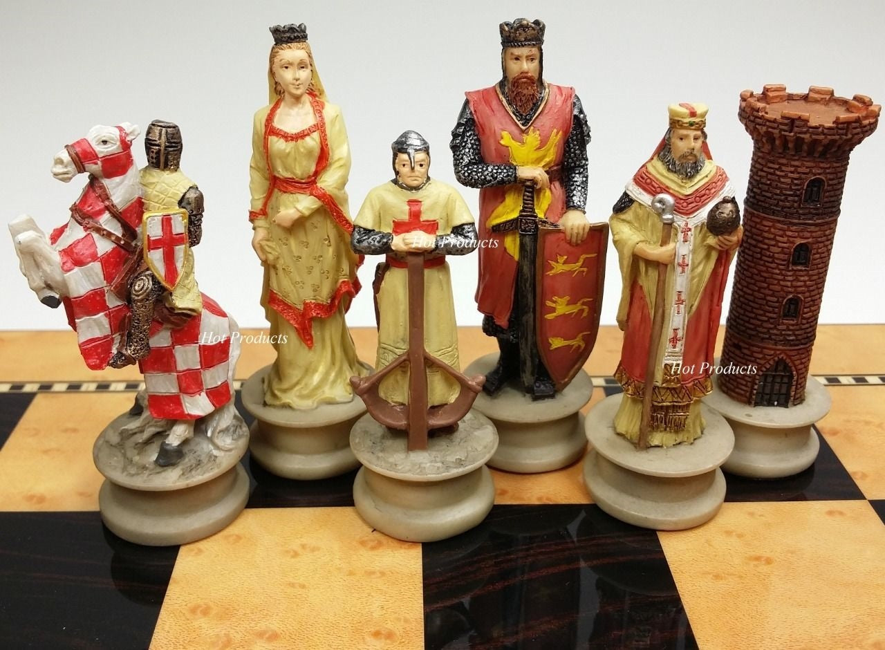 Medieval Times Crusades King Richard Knights Chess Set Gloss Walnut Color Board