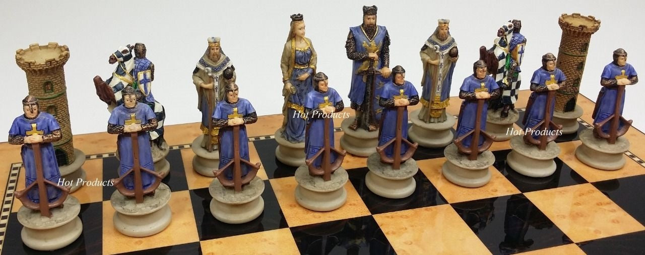 Medieval Times Crusades King Richard Knights Chess Set Gloss Walnut Color Board