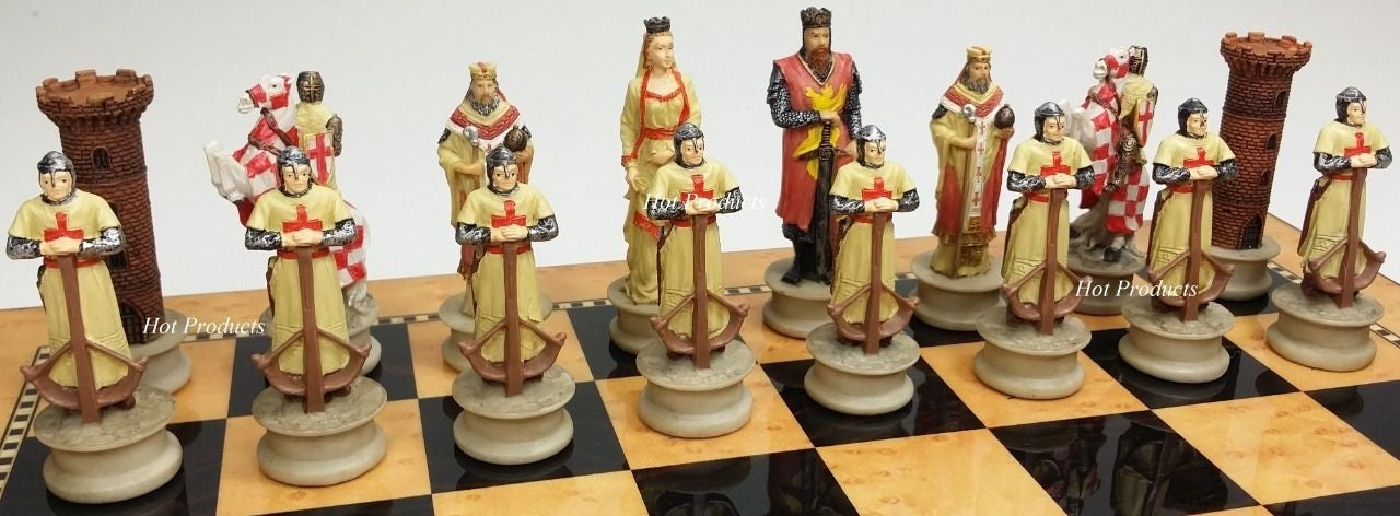 Medieval Times Crusades King Richard Knights Chess Set Gloss Walnut Color Board