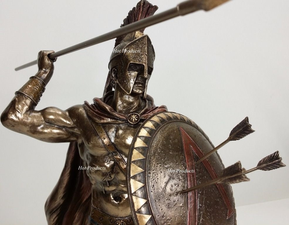 12.5" Leonidas Greek Warrior Spartan King Statue Sculpture Spear Arrow In Shield