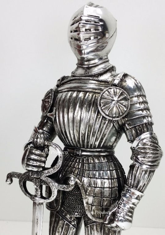 12 3/4" Medieval Times KNIGHT CHROME / SILVER STATUE MAXIMILIAN STYLE W / SWORD