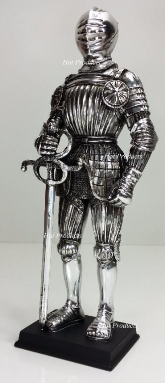 12 3/4" Medieval Times KNIGHT CHROME / SILVER STATUE MAXIMILIAN STYLE W / SWORD