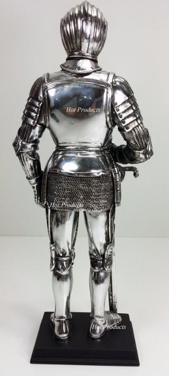 12 3/4" Medieval Times KNIGHT CHROME / SILVER STATUE MAXIMILIAN STYLE W / SWORD